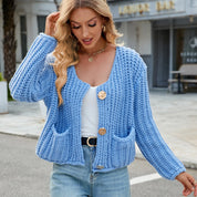 Damen Strickjacke mit langen Ärmeln V-Ausschnitt und aufgesetzten Taschen