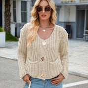 Damen Strickjacke mit langen Ärmeln V-Ausschnitt und aufgesetzten Taschen