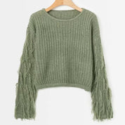 Damen Strickpullover mit Fransenärmeln und cropped Design