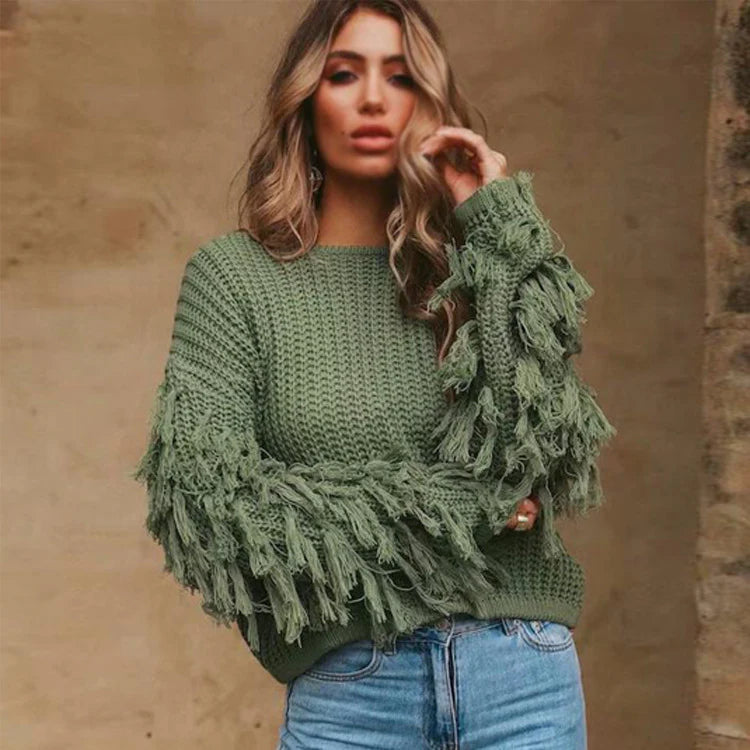 Damen Strickpullover mit Fransenärmeln und cropped Design
