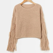 Damen Strickpullover mit Fransenärmeln und cropped Design