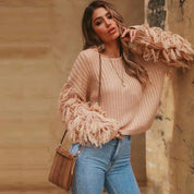 Damen Strickpullover mit Fransenärmeln und cropped Design