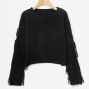 Damen Strickpullover mit Fransenärmeln und cropped Design