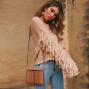 Damen Strickpullover mit Fransenärmeln und cropped Design