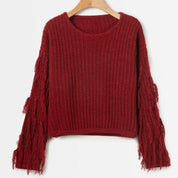Damen Strickpullover mit Fransenärmeln und cropped Design