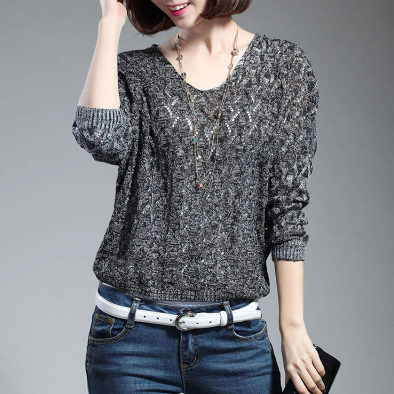 Damen Strickpullover mit V-Ausschnitt und Ajourmuster