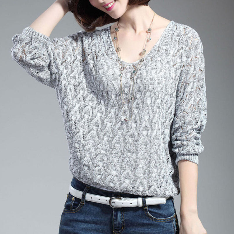 Damen Strickpullover mit V-Ausschnitt und Ajourmuster