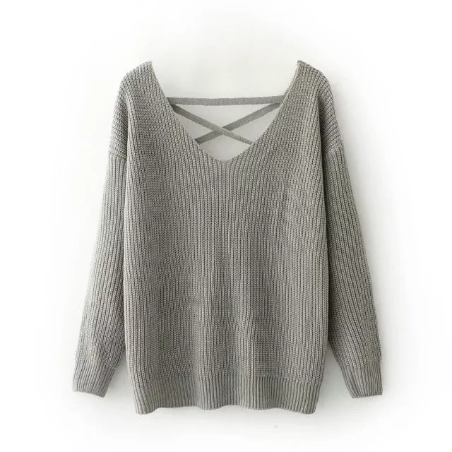 Damen Strickpullover mit V-Ausschnitt und dekorativer Rücken-Schnürung