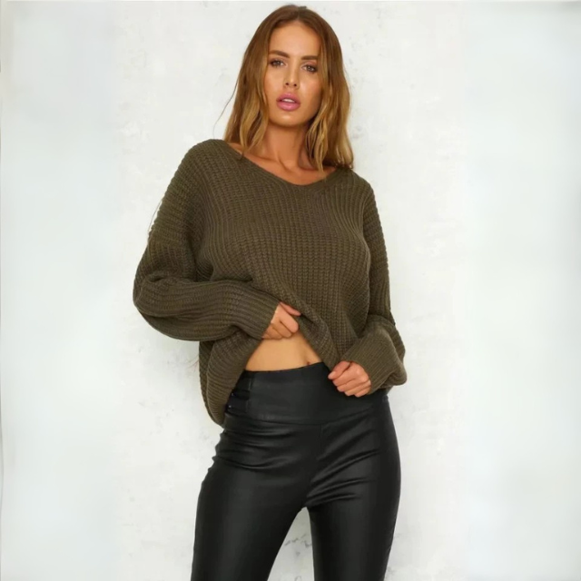 Damen Strickpullover mit V-Ausschnitt und dekorativer Rücken-Schnürung
