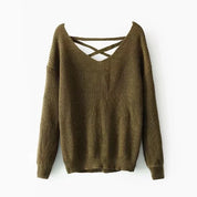 Damen Strickpullover mit V-Ausschnitt und dekorativer Rücken-Schnürung