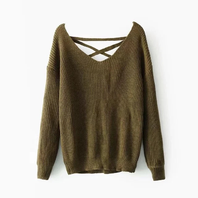 Damen Strickpullover mit V-Ausschnitt und dekorativer Rücken-Schnürung