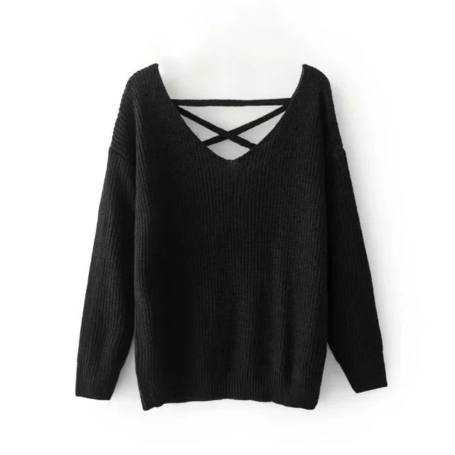 Damen Strickpullover mit V-Ausschnitt und dekorativer Rücken-Schnürung