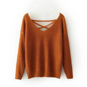 Damen Strickpullover mit V-Ausschnitt und dekorativer Rücken-Schnürung