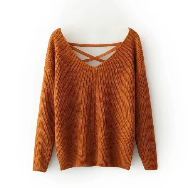 Damen Strickpullover mit V-Ausschnitt und dekorativer Rücken-Schnürung