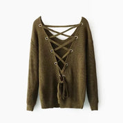 Damen Strickpullover mit V-Ausschnitt und dekorativer Rücken-Schnürung