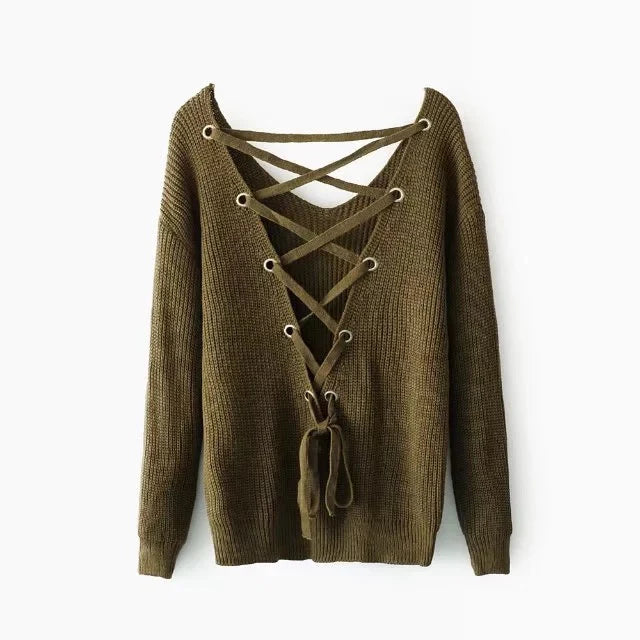 Damen Strickpullover mit V-Ausschnitt und dekorativer Rücken-Schnürung