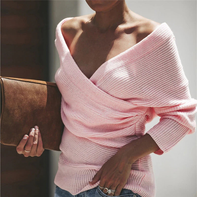 Damen Strickpullover mit tiefem Ausschnitt und Wickeldesign