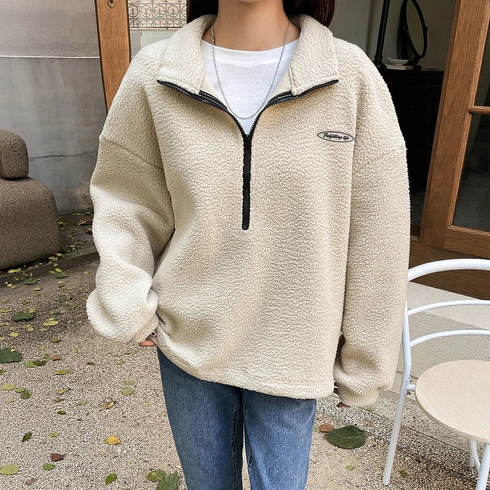 Damen Sweatshirt mit Stehkragen und Halbzipp Verschluss