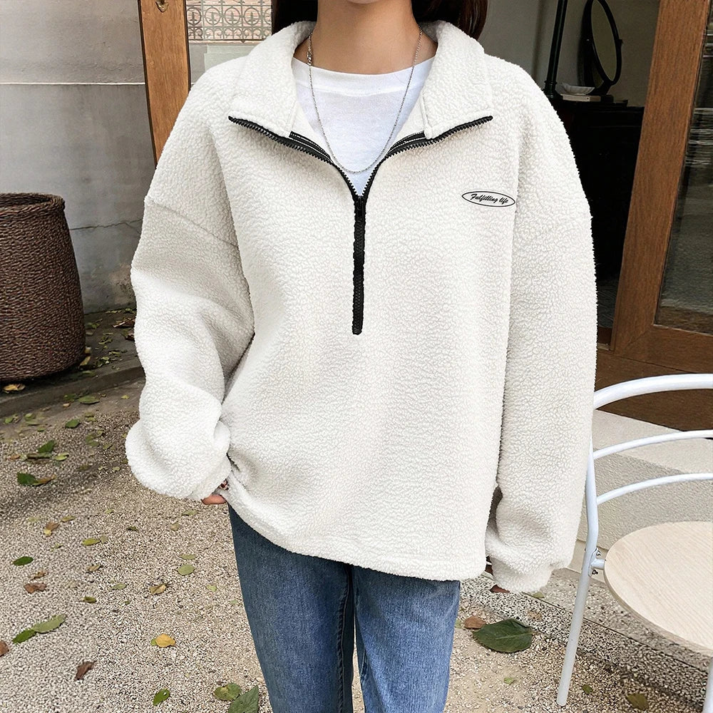 Damen Sweatshirt mit Stehkragen und Halbzipp Verschluss