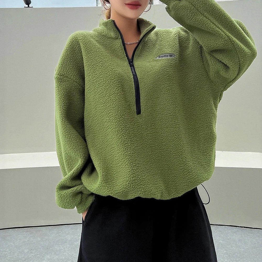 Damen Sweatshirt mit Stehkragen und Halbzipp Verschluss