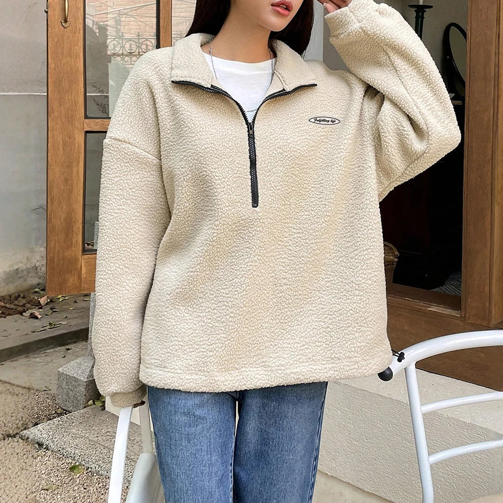 Damen Sweatshirt mit Stehkragen und Halbzipp Verschluss