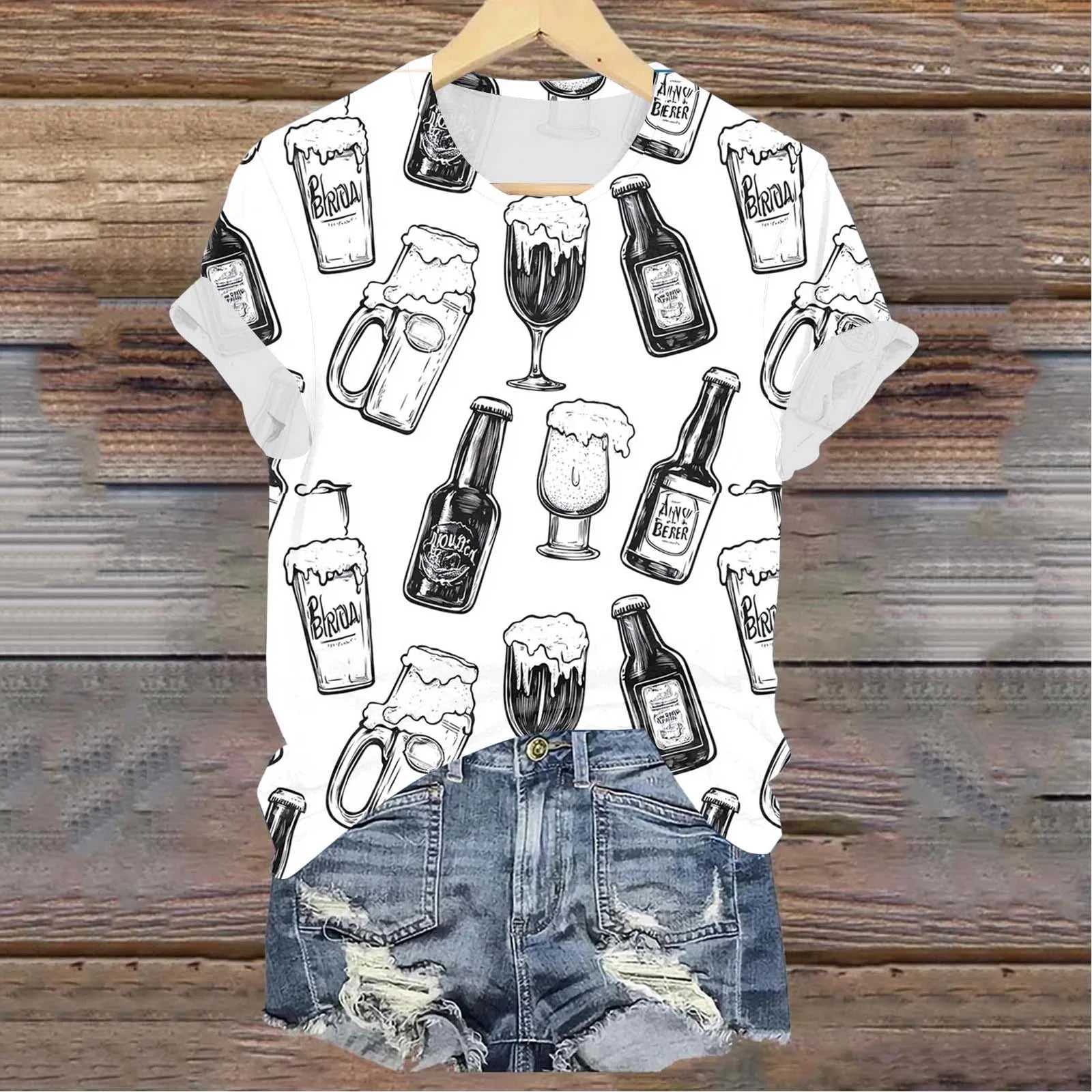Damen T-Shirt mit kurzem Ärmel Rundhalsausschnitt und Druckmotiv