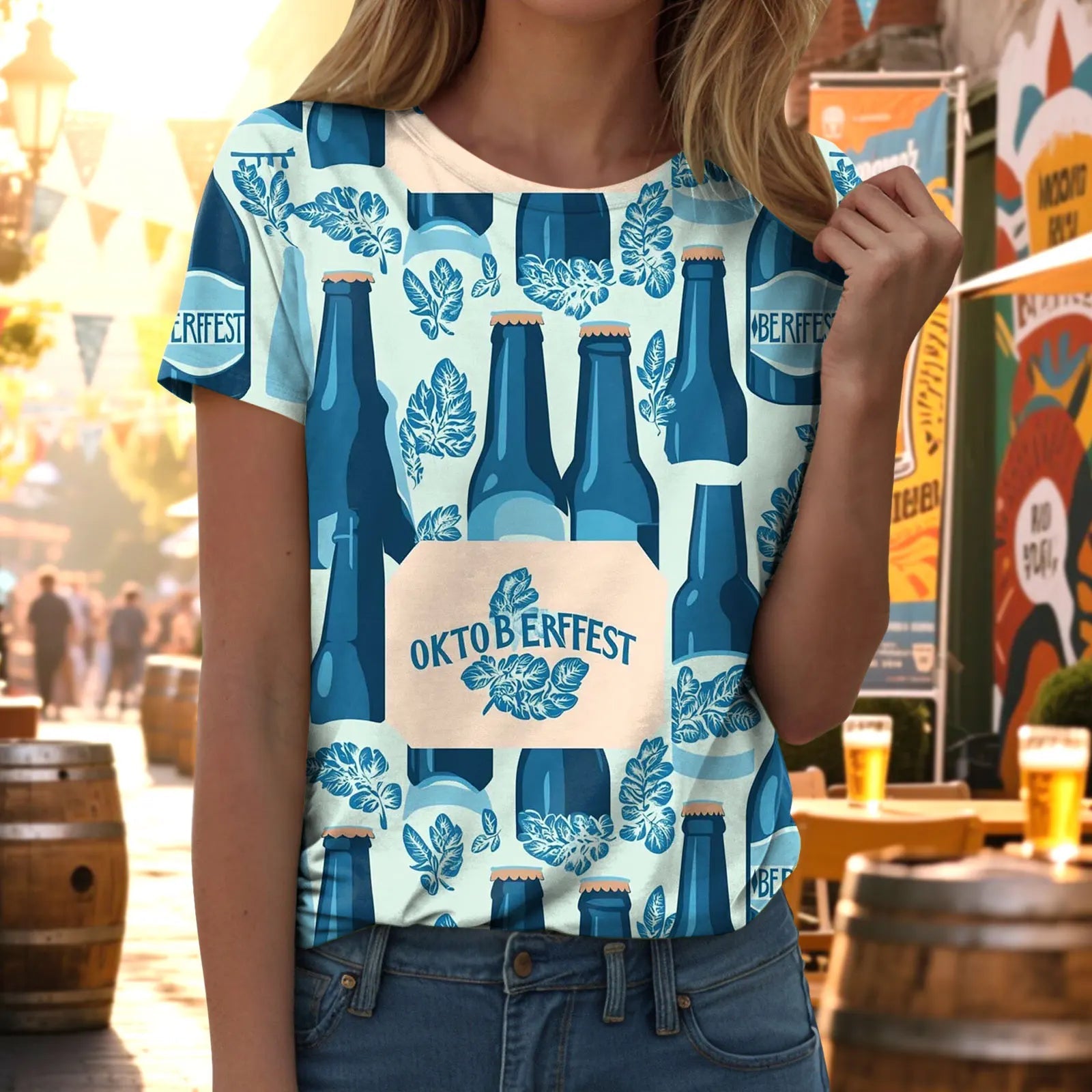 Damen T-Shirt mit kurzem Ärmel Rundhalsausschnitt und Druckmotiv