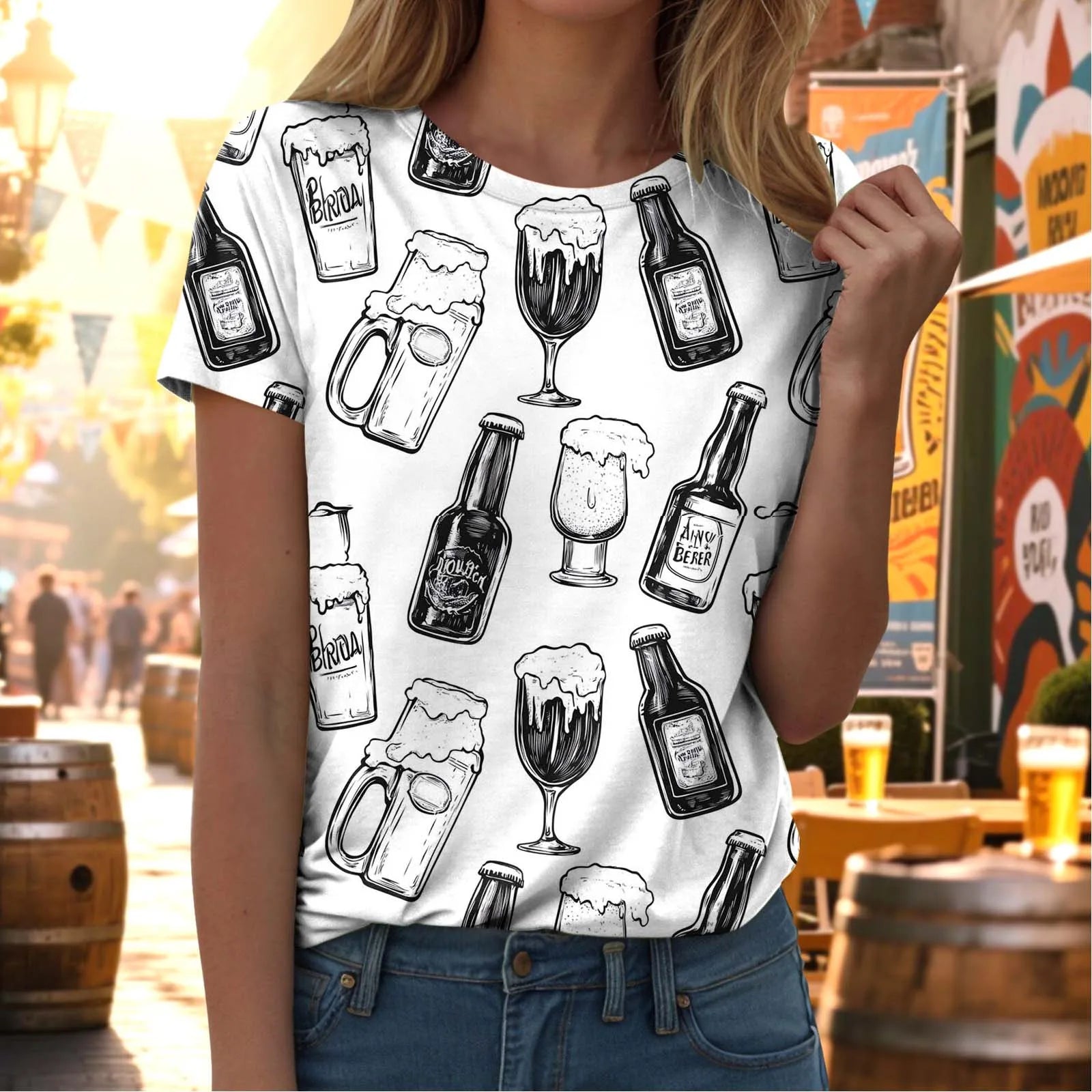 Damen T-Shirt mit kurzem Ärmel Rundhalsausschnitt und Druckmotiv