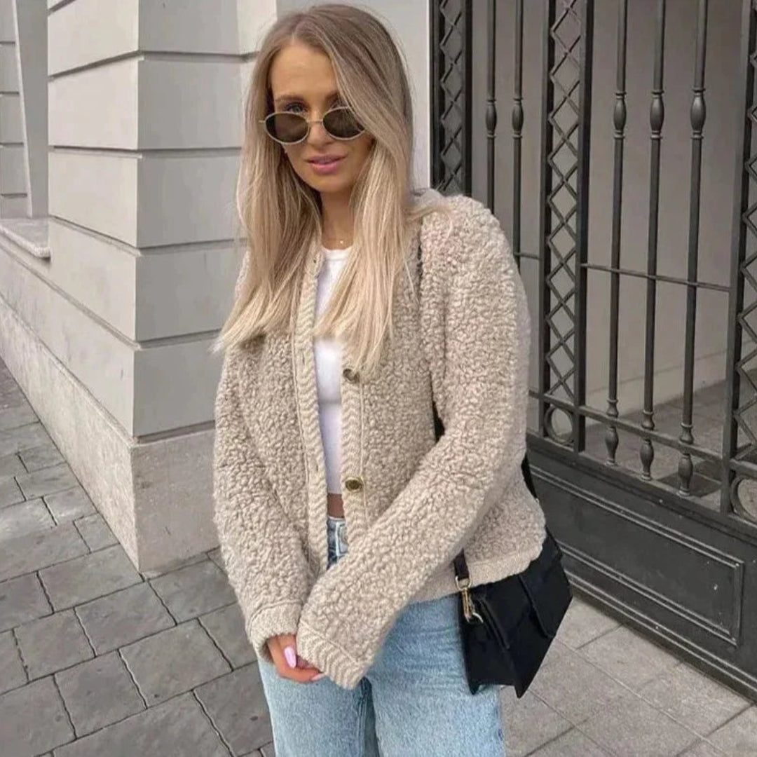 Damen Teddy Cardigan mit Knopfverschluss und Rundhalsausschnitt