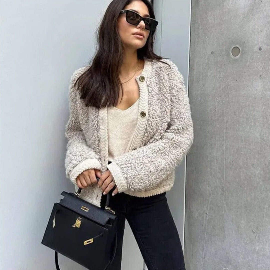 Damen Teddy Cardigan mit Knopfverschluss und Rundhalsausschnitt