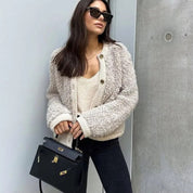 Damen Teddy Cardigan mit Knopfverschluss und Rundhalsausschnitt