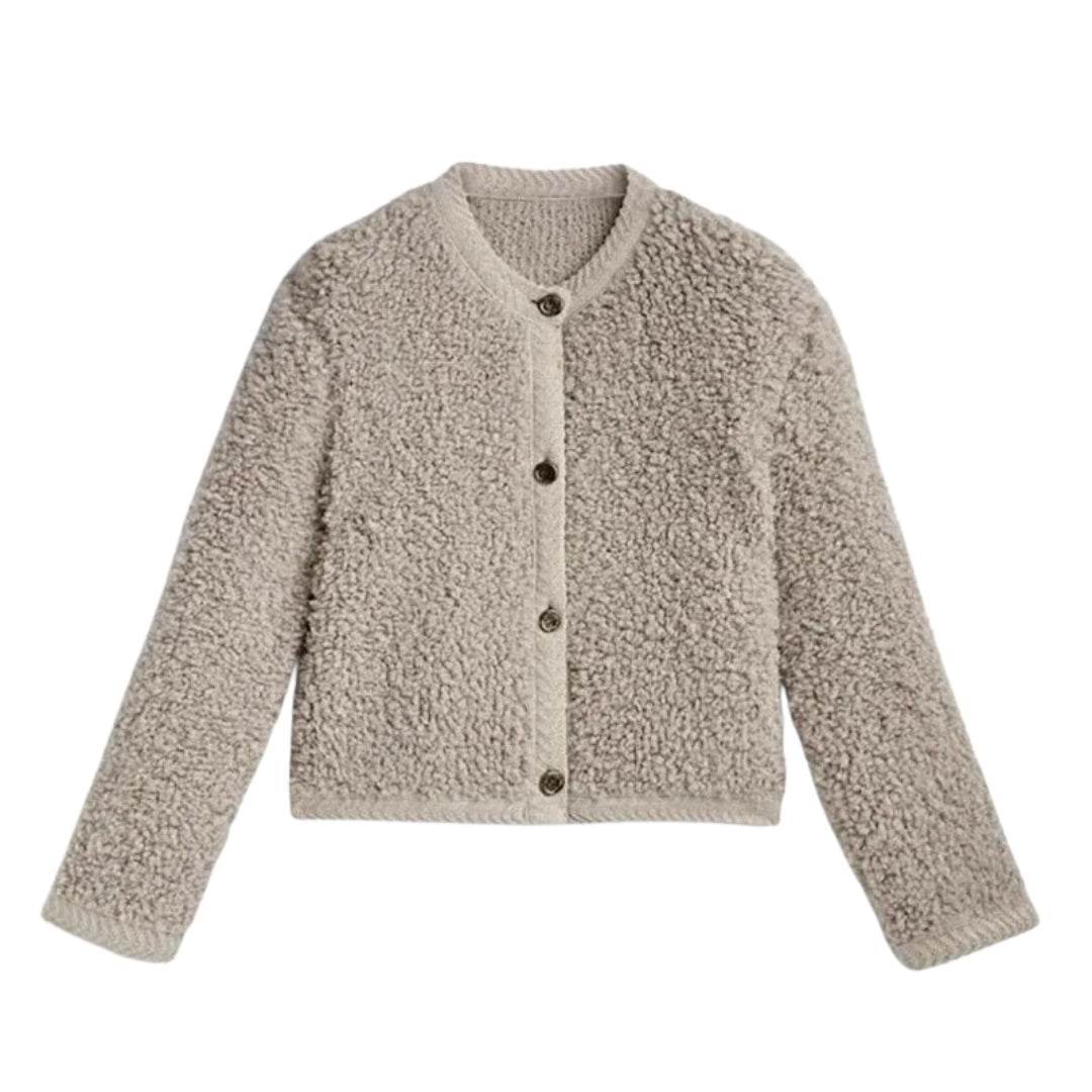 Damen Teddy Cardigan mit Knopfverschluss und Rundhalsausschnitt