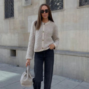 Damen Teddy Cardigan mit Knopfverschluss und Rundhalsausschnitt