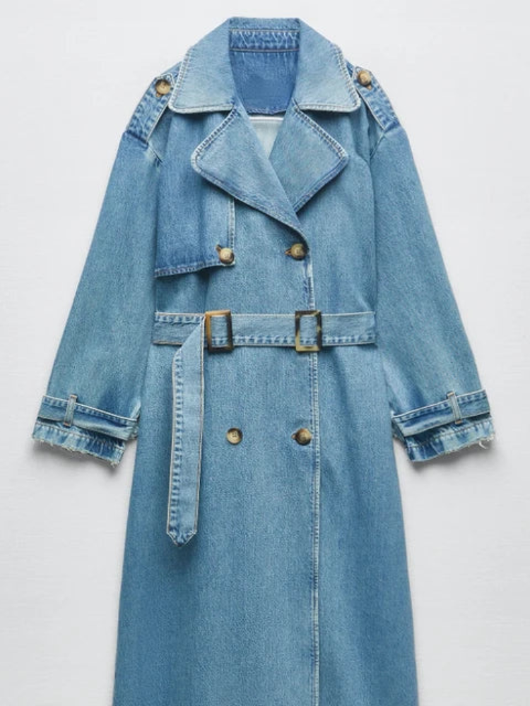 Damen Denim Lange Trenchcoat mit Gürtel