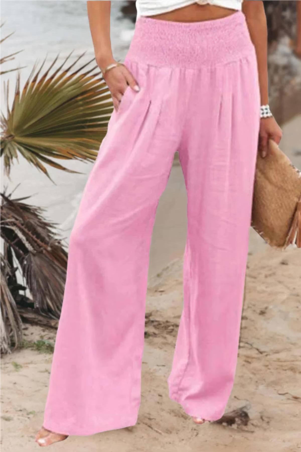 Damen Sommerhose mit weitem Bein, hoher Taille und Taschen