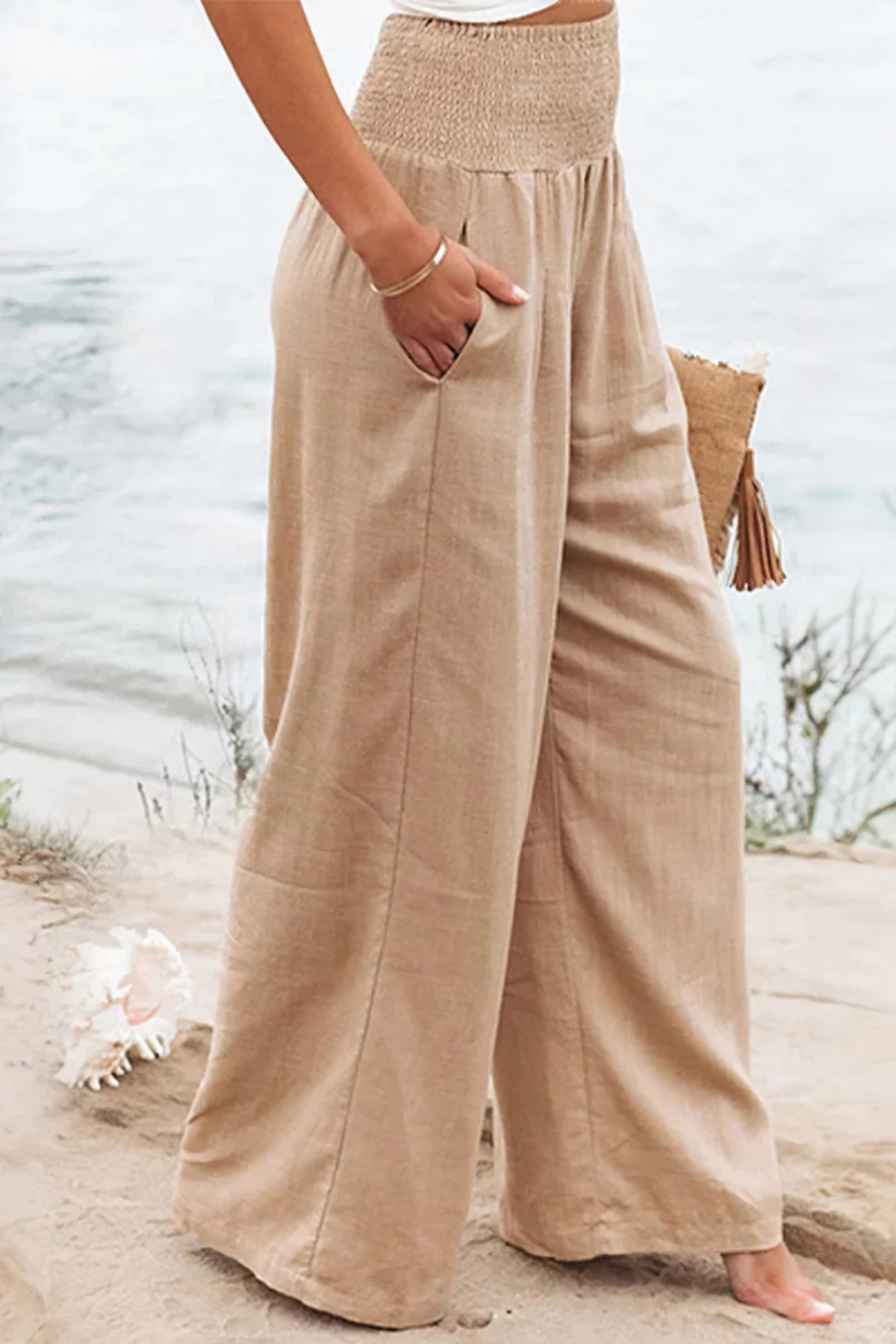 Damen Sommerhose mit weitem Bein, hoher Taille und Taschen