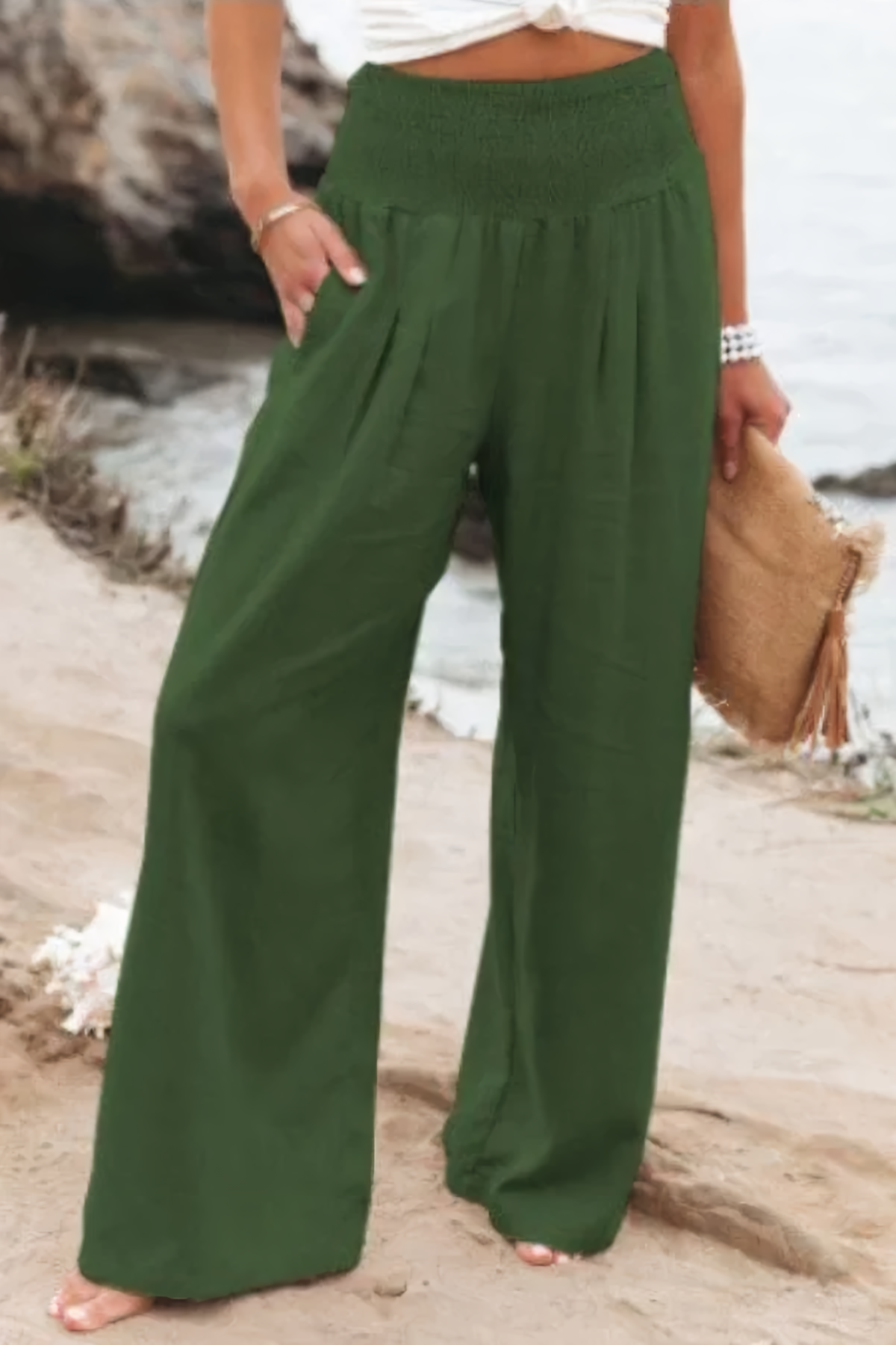 Damen Sommerhose mit weitem Bein, hoher Taille und Taschen
