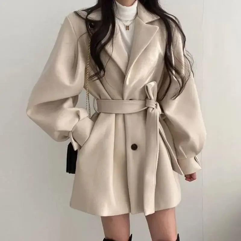 Women's trench coat with belt and puff sleeves