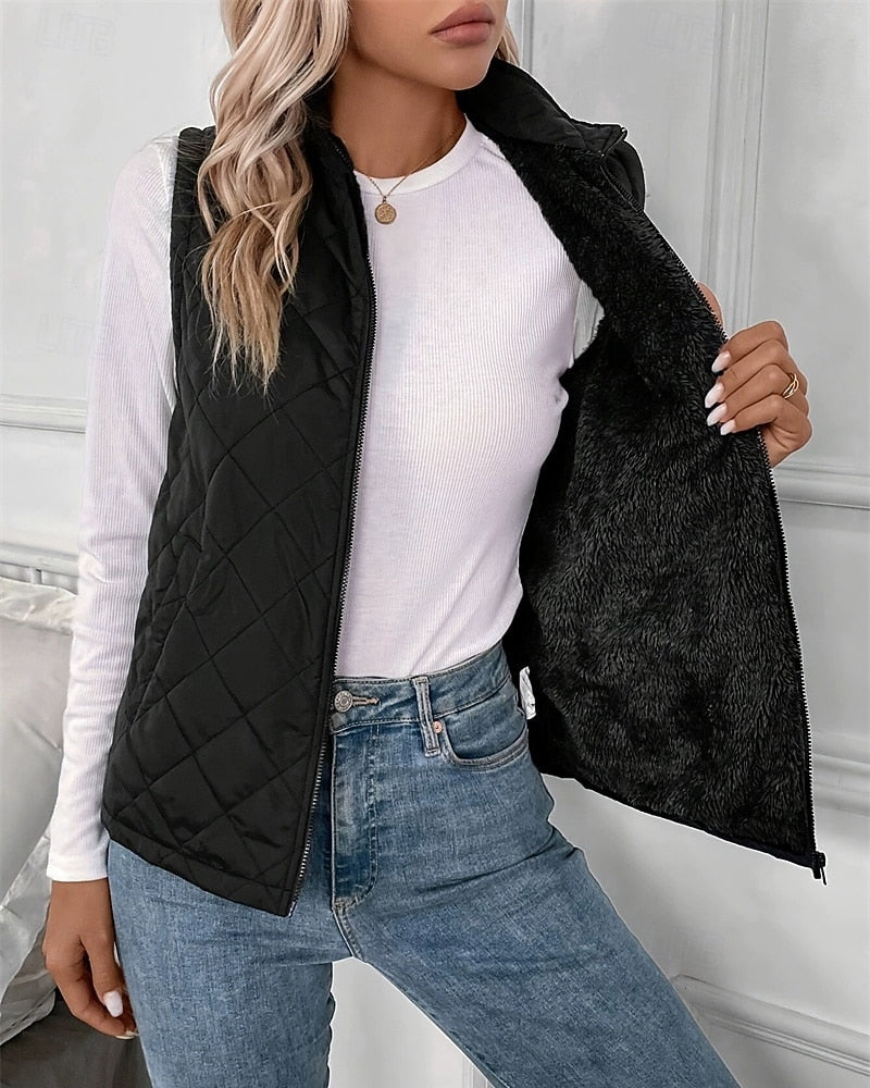 Damen ärmellose gesteppte Weste mit Reißverschluss und Stehkragen