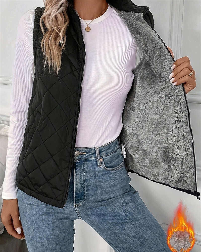 Damen ärmellose gesteppte Weste mit Reißverschluss und Stehkragen