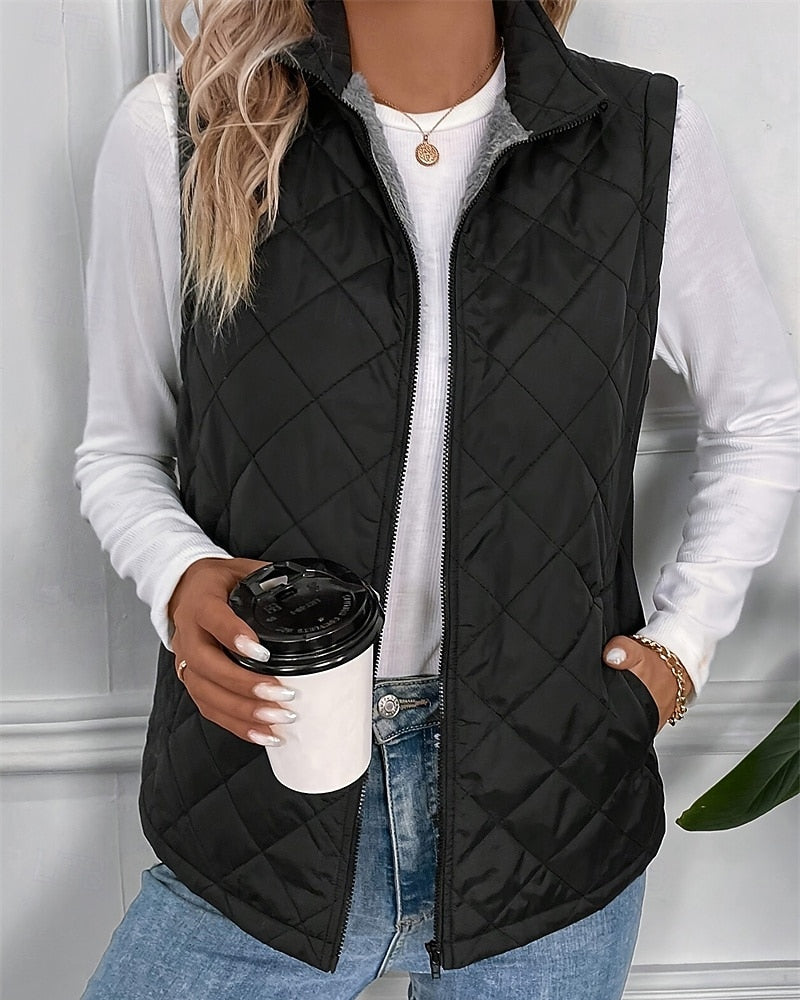 Damen ärmellose gesteppte Weste mit Reißverschluss und Stehkragen