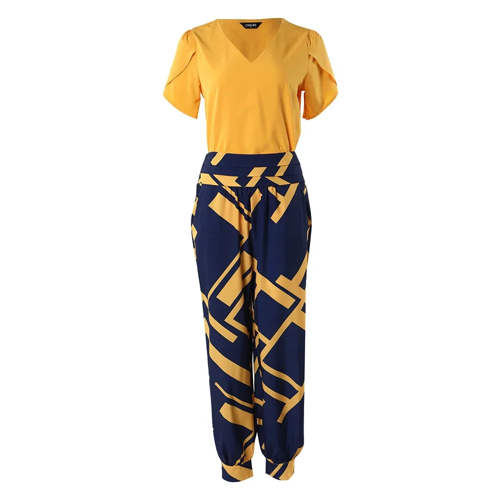 Damenbluse mit V-Ausschnitt und taillierte Hose für jede Jahreszeit