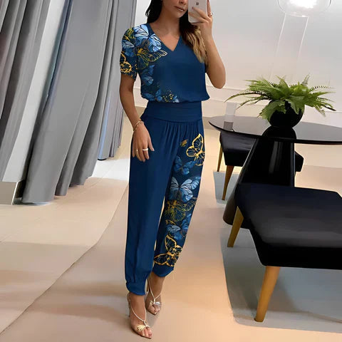 Damenbluse mit V-Ausschnitt und taillierte Hose für jede Jahreszeit