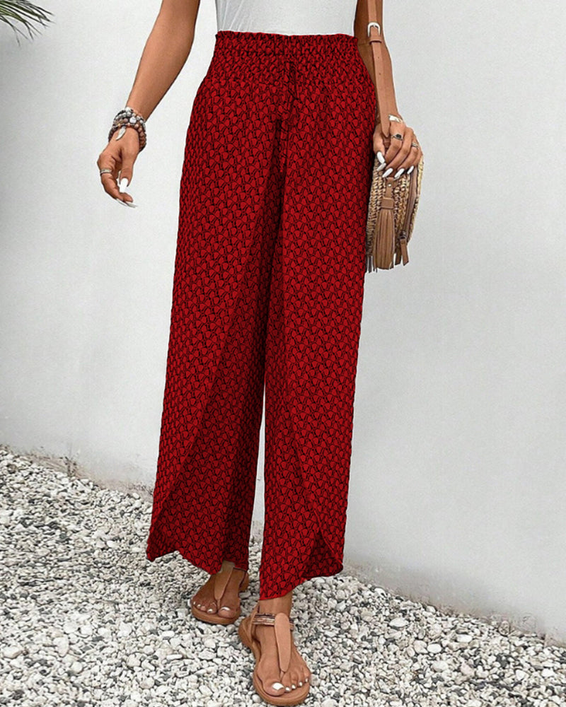 Damenhose mit weitem Bein, elastischer Taille und bedrucktem Design