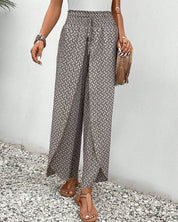 Damenhose mit weitem Bein, elastischer Taille und bedrucktem Design