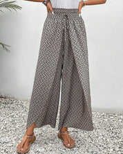 Damenhose mit weitem Bein, elastischer Taille und bedrucktem Design