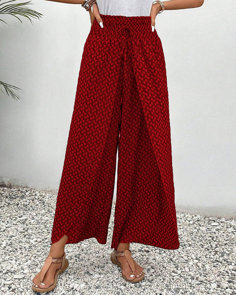 Damenhose mit weitem Bein, elastischer Taille und bedrucktem Design