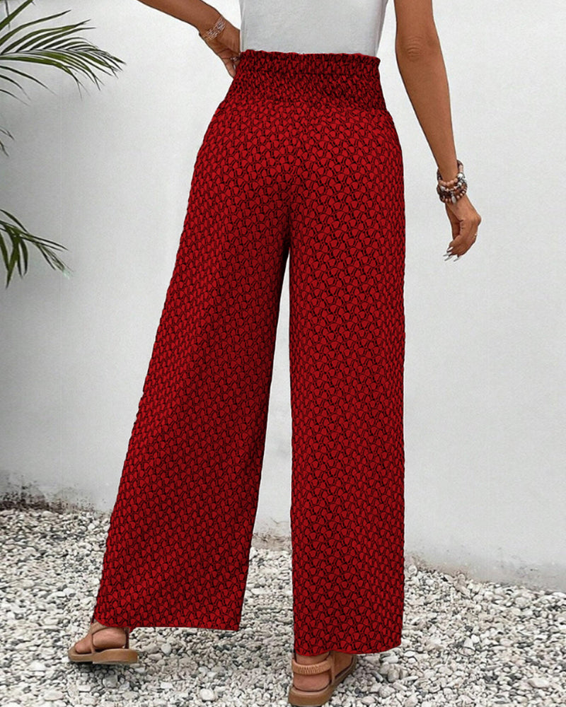 Damenhose mit weitem Bein, elastischer Taille und bedrucktem Design