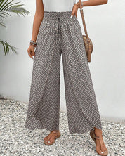 Damenhose mit weitem Bein, elastischer Taille und bedrucktem Design