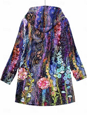 Women's jacket with hood, zipper and floral pattern